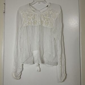 Free People white ivory beaded embroidery sheer long sleeve peasant top Small